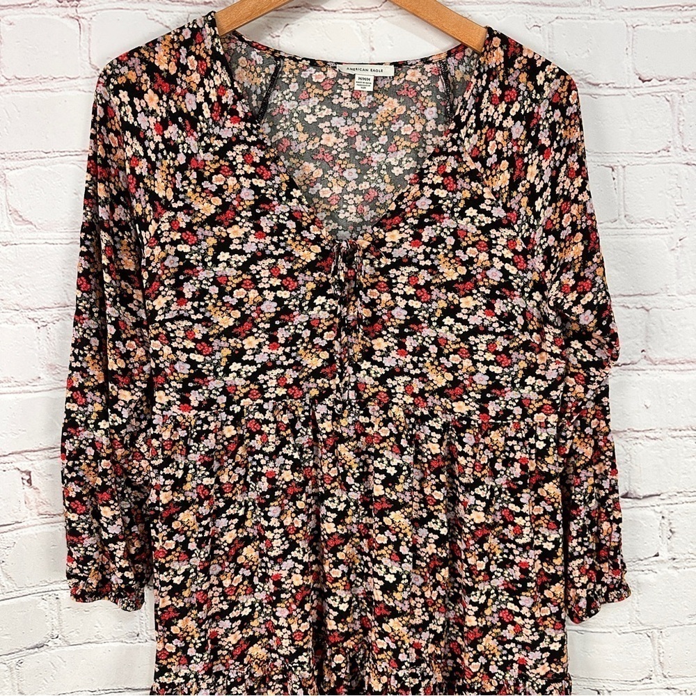 American Eagle ditsy Floral mini dress ruffles size medium black pink yellow - Picture 2 of 10